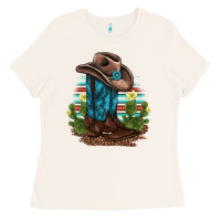 Bone western boots and hat cactus leopard serape pattern Ladies Tee - BarkalooDesign