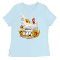 Baby Blue Perched Chicken With Sunflowers Ladies Tee - LillyAllenDesigns