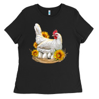 Black Perched Chicken With Sunflowers Ladies Tee - LillyAllenDesigns