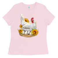 Bubblegum Pink Perched Chicken With Sunflowers Ladies Tee - LillyAllenDesigns