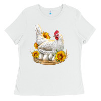 White Perched Chicken With Sunflowers Ladies Tee - LillyAllenDesigns