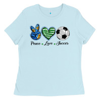 Baby Blue peace love soccer Ladies Tee - BarkalooDesign