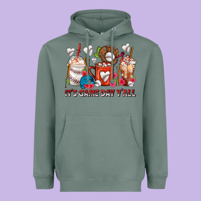 It's Game Day Y'all Baseball Coffee Cups Heavyweight Hoodie Designed By Fadigitalartstudio