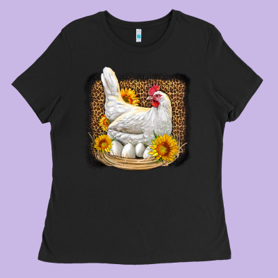 Perched Chicken With Sunflowers Leopard Background Ladies Tee Designed By Lillyallendesigns