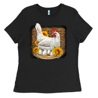 Black perched chicken with sunflowers leopard background Ladies Tee - LillyAllenDesigns