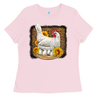 Bubblegum Pink perched chicken with sunflowers leopard background Ladies Tee - LillyAllenDesigns