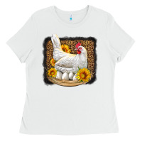 White perched chicken with sunflowers leopard background Ladies Tee - LillyAllenDesigns