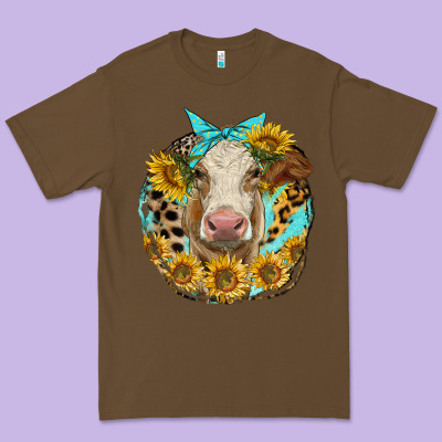 Simmental Heifer With Sunflowers And Leopard Premium Tee Designed By Lillyallendesigns