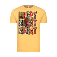 Vintage Mustard Merry Merry Merry Christmas Lightning Bolt Vintage Tee - BundleAndBundleShop