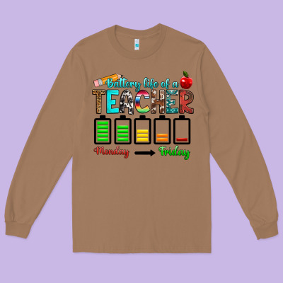 Battery Life Of A Teacher Monday Friday Long Sleeve Tee Designed By Ranaportraitstore