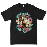 Black mustang horse with floral background Premium Tee - LillyAllenDesigns