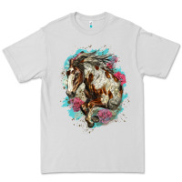 Dove Grey mustang horse with floral background Premium Tee - LillyAllenDesigns