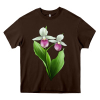 Chocolate Brown Pink And White Lady's Slipper Flower Illustrations Heavy Core Tee - LillyAllenDesigns