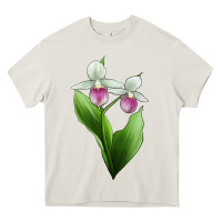 Pink And White Lady's Slipper Flower Illustrations Heavy Core Tee | Teevron
