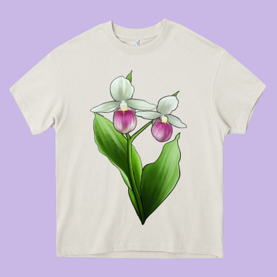 Pink And White Lady's Slipper Flower Illustrations Heavy Core Tee Designed By Lillyallendesigns
