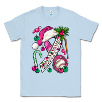 Dusty Blue Pink Christmas Breast Cancer Ribbon Baseball Classic Tee - BundleAndBundleShop
