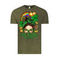 Vintage Olive St. Patrick Messy Bun One Luck Mama With Clover Vintage Tee - BundleAndBundleShop