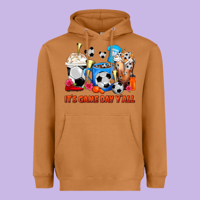 It's Game Day Y'all Soccer Coffee Cups Heavyweight Hoodie Designed By Fadigitalartstudio