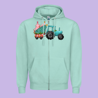 Christmas Tree Tractor Zipper Hoodie Designed By Cowgirlartshop