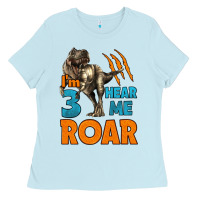 Baby Blue i'm three hear me roar dinosaur birthday Ladies Tee - LillyAllenDesigns
