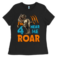 Black i'm four hear me roar dinosaur birthday Ladies Tee - LillyAllenDesigns