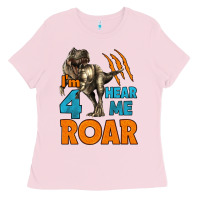 Bubblegum Pink i'm four hear me roar dinosaur birthday Ladies Tee - LillyAllenDesigns