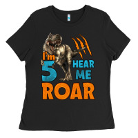 Black i'm five hear me roar dinosaur birthday Ladies Tee - LillyAllenDesigns