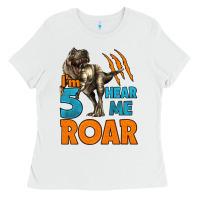 White i'm five hear me roar dinosaur birthday Ladies Tee - LillyAllenDesigns