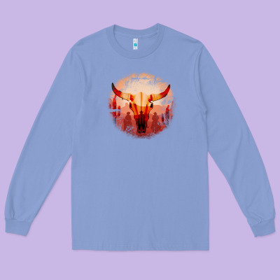 Western Cowboy Sunset Bull Skull Long Sleeve Tee Designed By Bettercallsaul