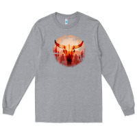 Heather Grey Western Cowboy Sunset Bull Skull Long Sleeve Tee - Bettercallsaul