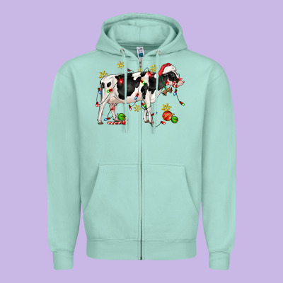 Christmas Holstein Cow Zipper Hoodie Designed By Cowgirlartshop