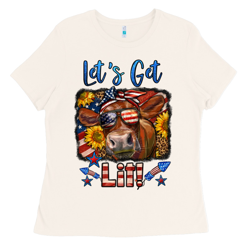 Let's Get Lit 4th Of July Cow Ladies Tee by LillyAllenDesigns | Teevron