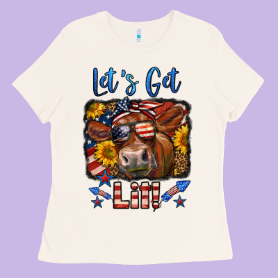 Let's Get Lit 4th Of July Cow Ladies Tee Designed By Lillyallendesigns