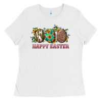 White Happy Easter With Western Eggs And Sunflowers Ladies Tee - RanaPortraitStore