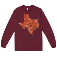 Burgundy Texas Map Western Tooled Leather Pattern Long Sleeve Tee - Bettercallsaul