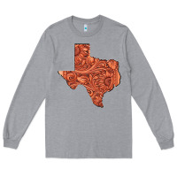 Heather Grey Texas Map Western Tooled Leather Pattern Long Sleeve Tee - Bettercallsaul