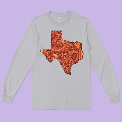 Texas Map Western Tooled Leather Pattern Long Sleeve Tee Designed By Bettercallsaul