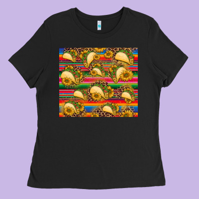 Tacos And Sunflowers With Serape Leopard Background Ladies Tee Designed By Barkaloodesign