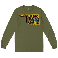 Army Green Western Oklahoma Map Sunflower Pattern Long Sleeve Tee - Bettercallsaul