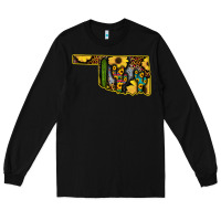 Black Western Oklahoma Map Sunflower Pattern Long Sleeve Tee - Bettercallsaul