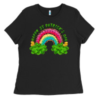 Black Happy St. Patrick's Day Rainbow And Shamrock Ladies Tee - RanaPortraitStore