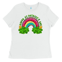 White Happy St. Patrick's Day Rainbow And Shamrock Ladies Tee - RanaPortraitStore