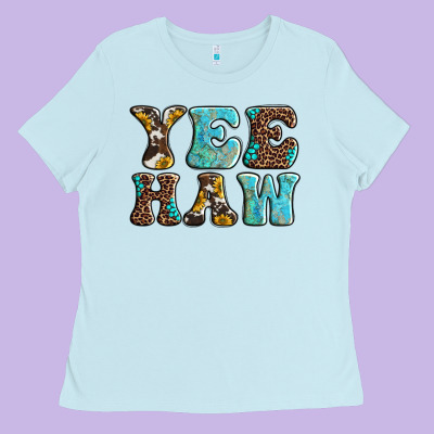 Western Sunflowers Turquoise Leopard Yee Haw Ladies Tee Designed By Barkaloodesign