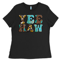 Black western sunflowers turquoise leopard yee haw Ladies Tee - BarkalooDesign
