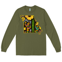 Army Green Western Missouri Map Sunflower And Cactus Pattern Long Sleeve Tee - Bettercallsaul