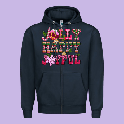 Jolly Happy Joyful Pink Christmas Zipper Hoodie Designed By Cowgirlartshop