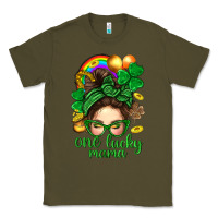 Army Green St. Patrick Messy Bun One Luck Mama With Clover Classic Tee - BundleAndBundleShop
