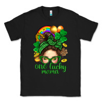 Black St. Patrick Messy Bun One Luck Mama With Clover Classic Tee - BundleAndBundleShop