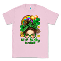 Bubblegum Pink St. Patrick Messy Bun One Luck Mama With Clover Classic Tee - BundleAndBundleShop