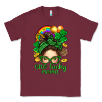 Burgundy St. Patrick Messy Bun One Luck Mama With Clover Classic Tee - BundleAndBundleShop